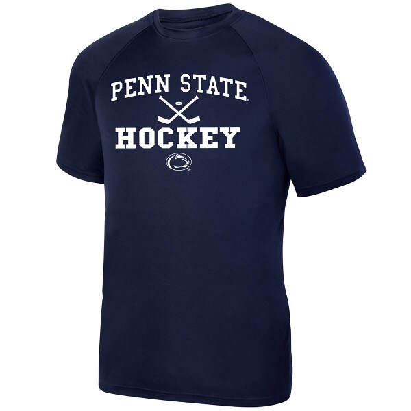 navy short sleeve performance t-shirt with Penn State Hockey, 2 sticks, puck, and Athletic Logo